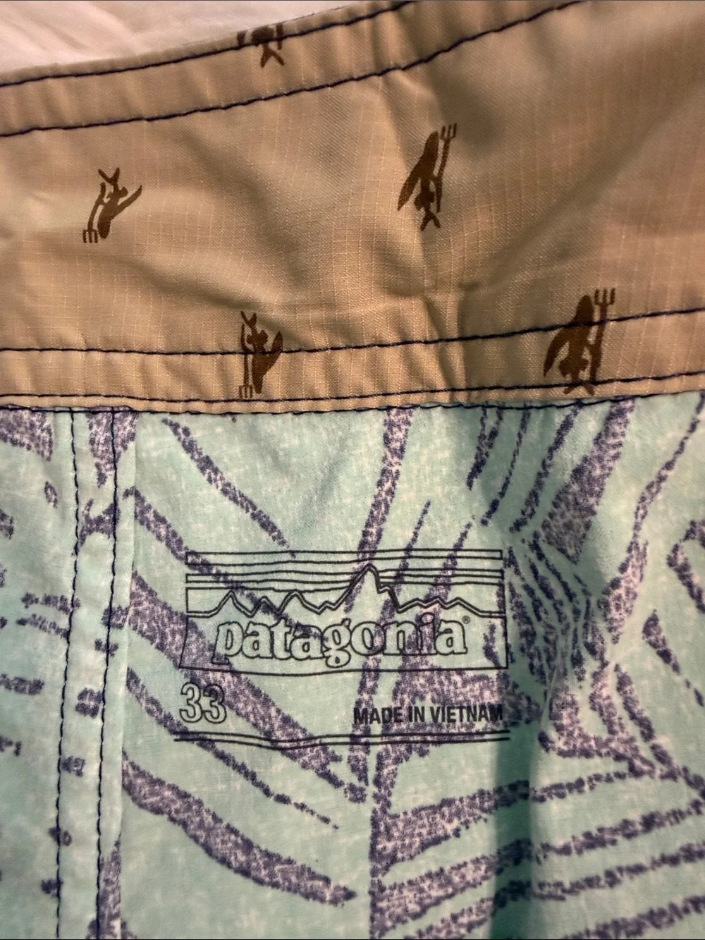 Patagonia Men’s Teal Leaf-Print Swim Shorts with Navy Waistband size 33
